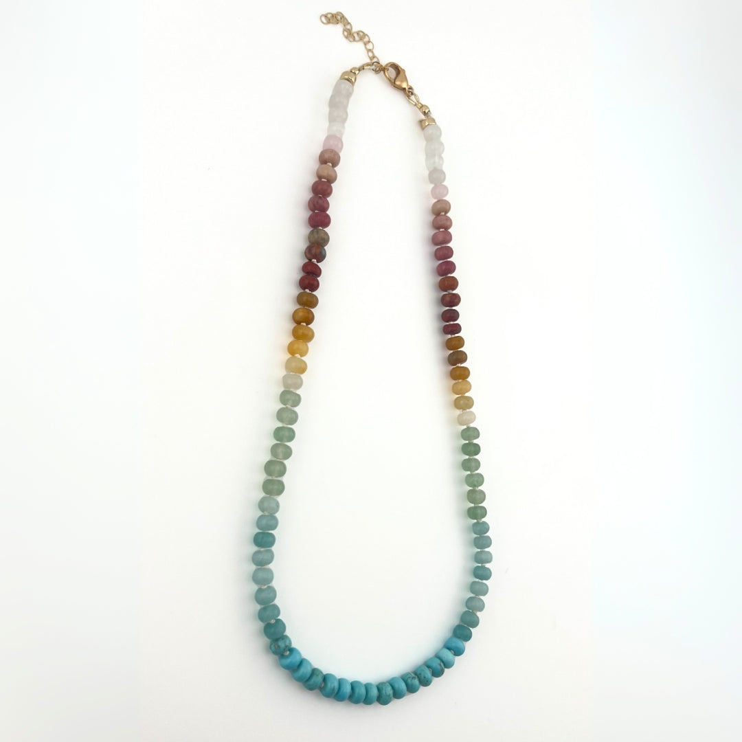 Knotted Silk Bead Necklace with multicoloured gemstone beads with 14K gold-filled findings.