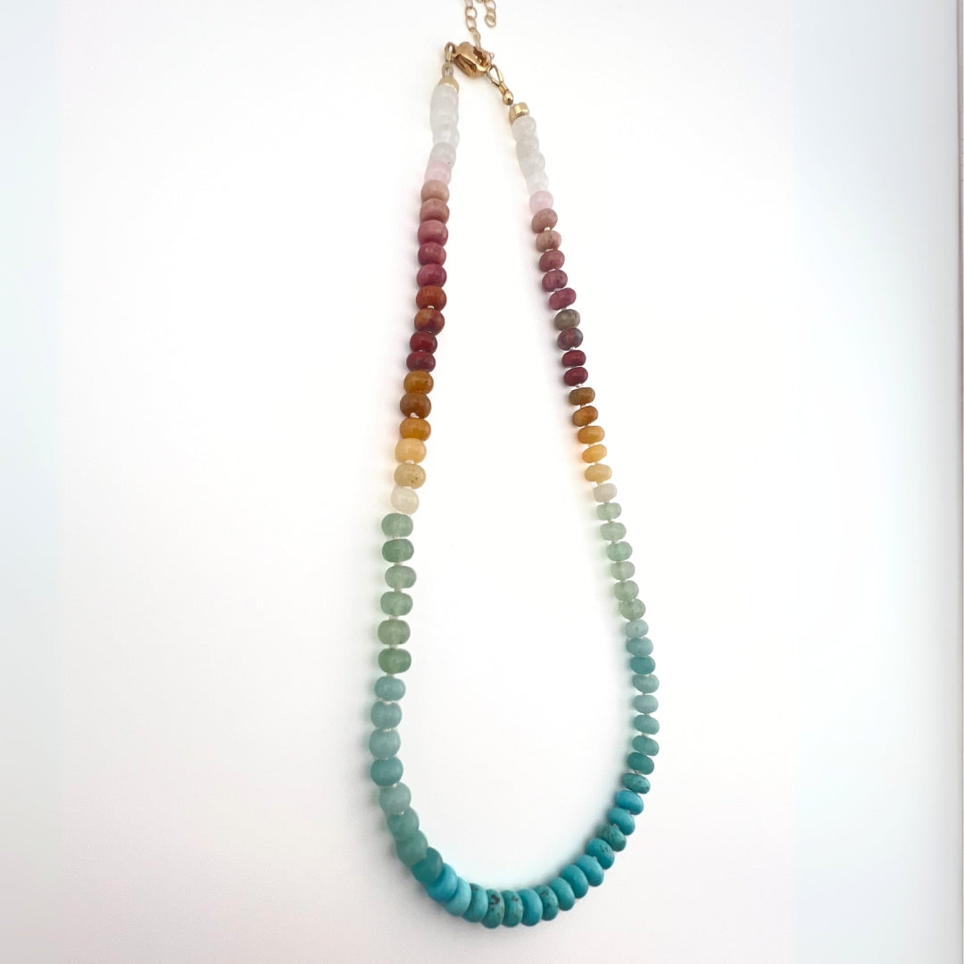 Knotted Silk Bead Necklace with multicoloured gemstone beads with 14K gold-filled findings.