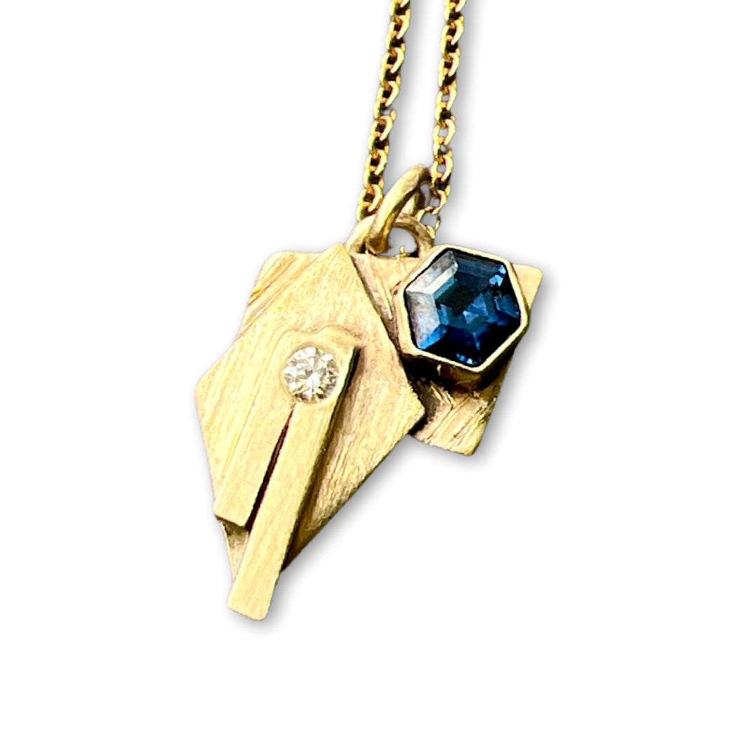 Geometric Blue Sapphire Diamond Gold Pendant